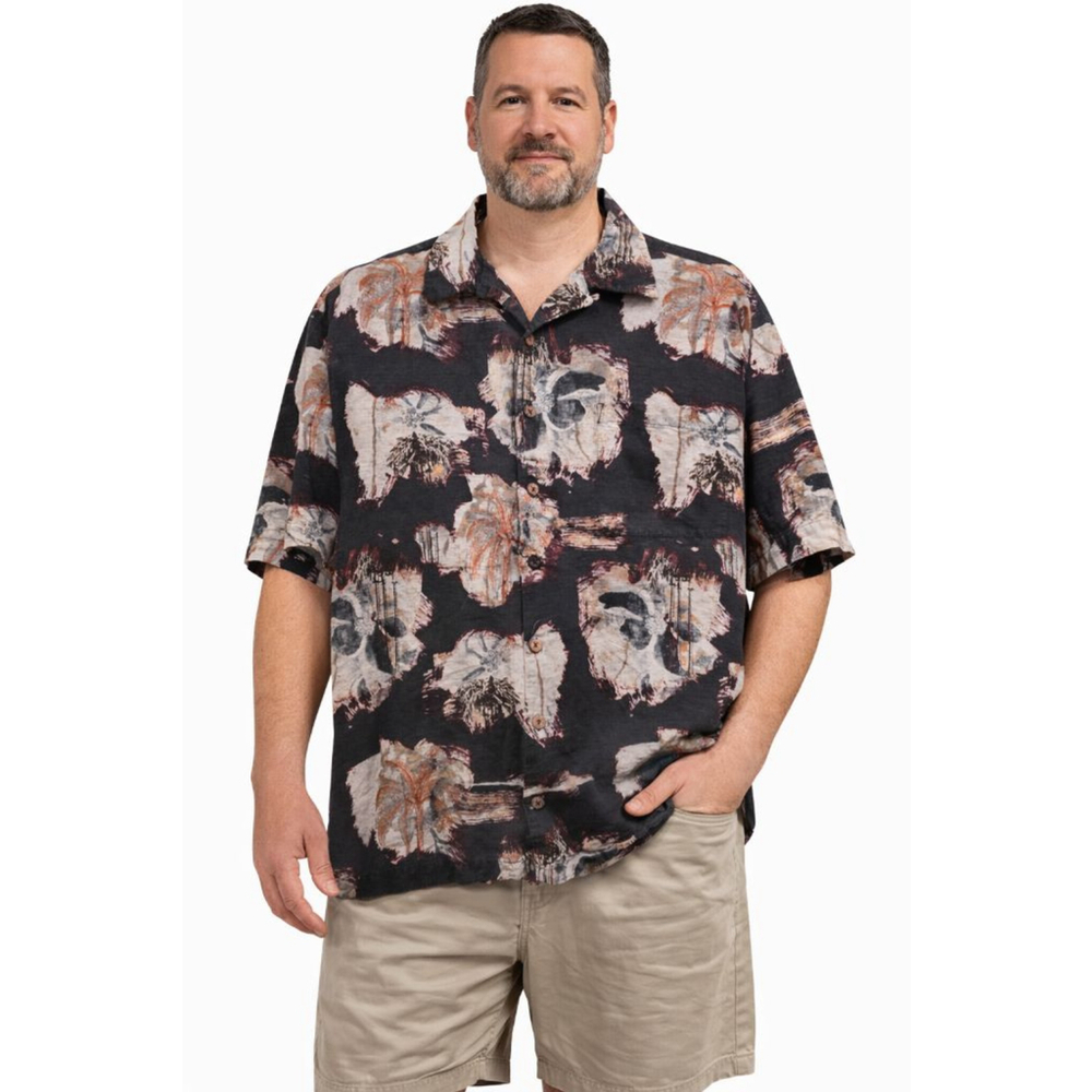 Caribbean Pure Silk Hawaiian Shirt Mens 2XB Big & Tall Black Abstract Camp Shirt